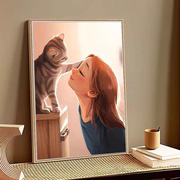 现代简约治愈女孩猫咪可爱人物卧室挂画儿童房装饰画北欧客厅壁画