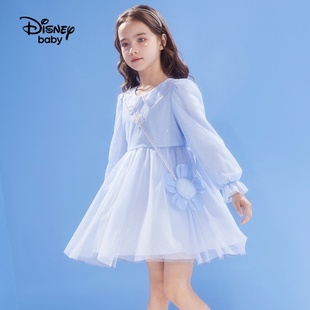 迪士尼女童连衣裙甜美冰雪奇缘艾莎公主网纱裙子浅蓝粉色春秋长袖