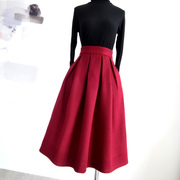 子未伊纯色秋冬厚半身裙，优雅酒红毛呢裙蓬蓬，可定制大码长裙