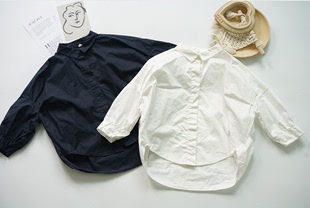 24春男童女童纯色蝙蝠袖中长款棉质衬衫裙韩国儿童造型款大版衬衫