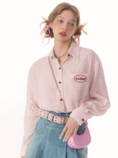 zizifei春夏美式复古设计感高级格子长袖衬衣防晒半透粉色衬衫女