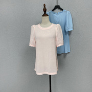 浅粉色圆领短袖雪纺衫压花纹，微透性感泡泡，袖直筒宽松遮肚浅蓝上衣