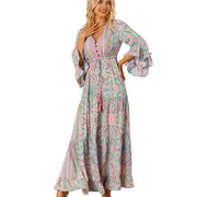 ebay跨境秋季印花长袖，连衣裙女欧美通勤风套头，v领长裙女