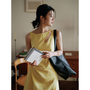 mixabo度假黄色连衣裙，女无袖镂空夏季肌理感收腰抽褶长裙