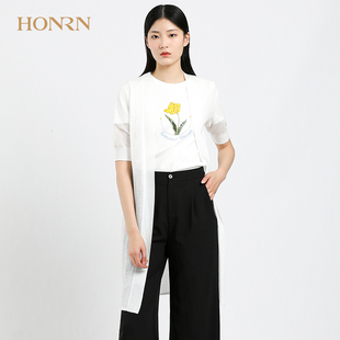 HONRN/红人时尚宽松白色短袖针织衫上衣女夏薄款中长直筒开衫