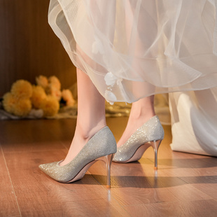 jcec银色高跟鞋女细跟尖头，2023闪闪水晶新娘，婚鞋伴娘礼服单鞋