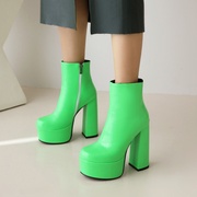 皮靴粗跟高跟短靴女白色绿色，靴子防水台厚底，短筒欧美大码女靴mz