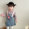 24韩版女童春装宝宝牛仔背带裙彩色条纹上衣套装婴幼儿时髦外出服