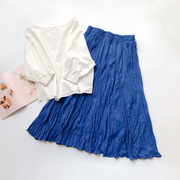 夏季克莱因蓝色优雅通勤大摆长裙，宝蓝色棉布半身裙子百褶裙