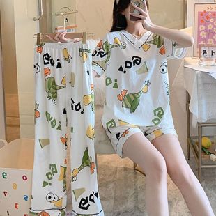 简约睡衣女夏季宽松短袖三件套韩版卡通学生慵懒风大码亲子家庭装
