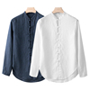 日本良品夏季男亚麻衬衫长袖中国风盘扣立领衬衣白色中式开衫上衣