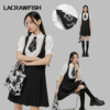 LACRAWFISH学院风珍珠花朵领带全棉短袖衬衫背带小黑裙连衣裙套装