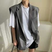 韩国chic夏季简约圆领套头宽松短袖，t恤+复古翻领两粒扣西装马甲女