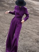 2023秋季气质时尚亚麻系带长袖衬衫高腰阔腿裤紫色两件套装女