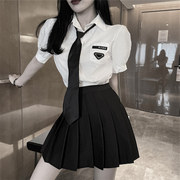 jk制服夏季套装学院风，职业短袖白衬衫百褶短裙子黑衬衣学生上衣服