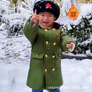 儿童军绿色棉大衣加绒加厚棉服，中小童冬季保暖棉袄送雷锋帽红围巾