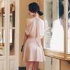 韩国品牌小个子女装法式挂脖露肩，后背蝴蝶结雪纺连衣裙短