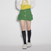 N·MORE设计师品牌 绿色羊毛格纹立体趣味口袋裙裤