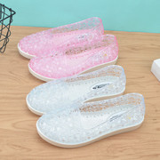 防滑塑料洞洞鞋女夏季平底透明水晶果冻沙滩，镂空雨鞋妈妈软胶凉鞋