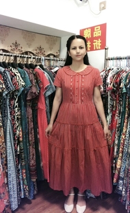 桂林系品牌夏季娃娃圆领短袖拼接淑女棉布条纹通勤纯色长款连衣裙