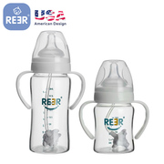 REER新生儿宝宝玻璃奶瓶母乳实感宽口径防胀气硅胶乳胶奶嘴带手柄