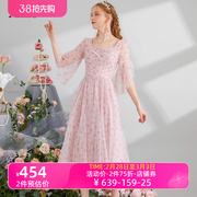 艾丽丝2024夏季气质碎花仙女连衣裙粉色甜美公主风中长款裙子