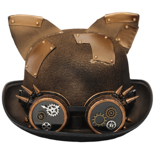 外贸蒸汽朋克大礼帽万圣节cos猫耳朵可拆卸护目镜亚马逊ebay