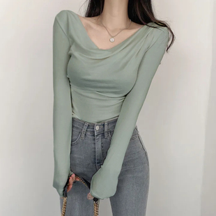 韩国东大门性感豆绿色堆堆领长袖紧身T恤显瘦女人味修身打底衫潮