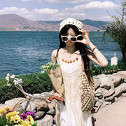 2024镂空流苏罩衫串珠吊带连衣裙女夏季海边度假风叠穿两件套