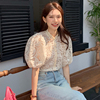 韩国chic夏季气质宫廷风立领重工，蕾丝钩花设计泡泡袖衬衫上衣女
