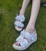 欧洲站夏季坡跟女士真皮，凉拖原创设计花朵甜美草编鱼嘴凉鞋