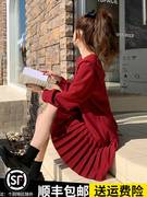 赫本风长袖红色，连衣裙女秋季中长款2023小个子衬衫雪纺百褶裙