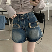 夏季复古牛仔短裤女2023年毛须设计a字阔腿，高腰修身显瘦热裤
