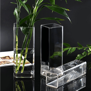 花瓶玻璃透明方形花器百合富贵竹干花插花四方，花瓶摆件客厅落地