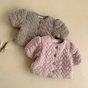 婴儿冬季夹棉外套女宝宝棉服保暖上衣防风外穿洋气泡泡袖开衫纯色