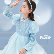 迪士尼女童连衣裙2024春装丝绒，公主裙长袖冰雪，网纱裙连衣裙