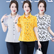 衬衫女短袖夏季洋气，韩版时尚百搭气质翻领，印花衬衣大码雪纺衫