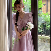 紫色连衣裙女夏2024高级感荷叶，边仙女裙法式v领收腰显瘦长裙