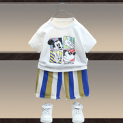 男童米奇头条纹套装2023夏季儿童短袖卡通两件套宝宝纯棉衣服