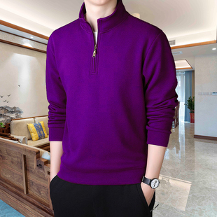 国潮紫色高品质运动服长袖男t恤加绒半拉链立领卫衣宽松父亲装