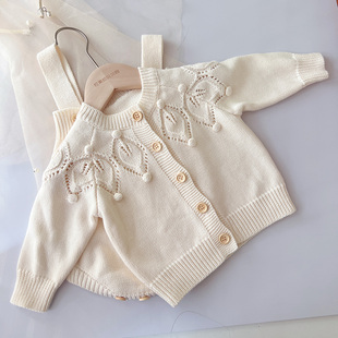 ins韩版婴儿外套手工毛球针织开衫，女宝宝毛衣纯棉棉纱线上衣套装