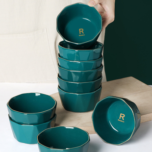 北欧风轻奢质感金边碗家用陶瓷墨绿色创意吃米饭碗小汤碗餐具套装