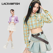 LA CRAWFISH2024韩系校园辣妹假口袋短款露腰长袖格子衬衫女