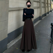 法式西装黑色半身裙女春季高腰显瘦大裙摆百褶裙咖色伞裙长裙