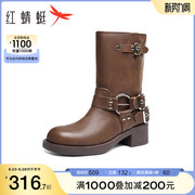 红蜻蜓棕色骑士靴，2023秋夏季女鞋朋克长筒靴，机能风复古靴子潮