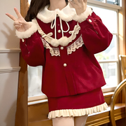 冬季红丝绒蛋糕新年战袍毛呢套装女短款上衣半身裙两件套
