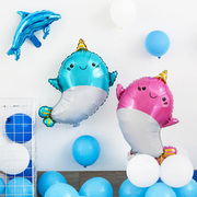 海洋主题卡通动物气球，宝宝生日布置场景，装饰海豚鲸鱼海狮椰树铝膜