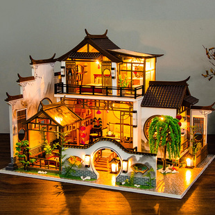 diy小屋中国风别墅江南古镇手工拼装房子模型建筑创意玩具礼物女