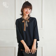 YUN韫2023秋季衬衫女 减龄设计感气质飘带领雪纺七分袖上衣女