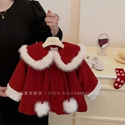 女童呢大衣冬季韩版2024洋气，红色儿童宝宝外套，加厚新年棉衣潮